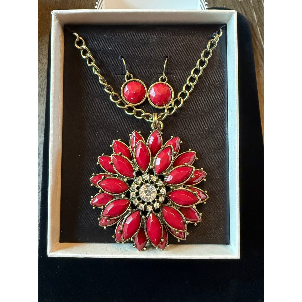 Mixit JCPenney Red Sunflower Pendant Necklace and Earrings Set Brass Tone
